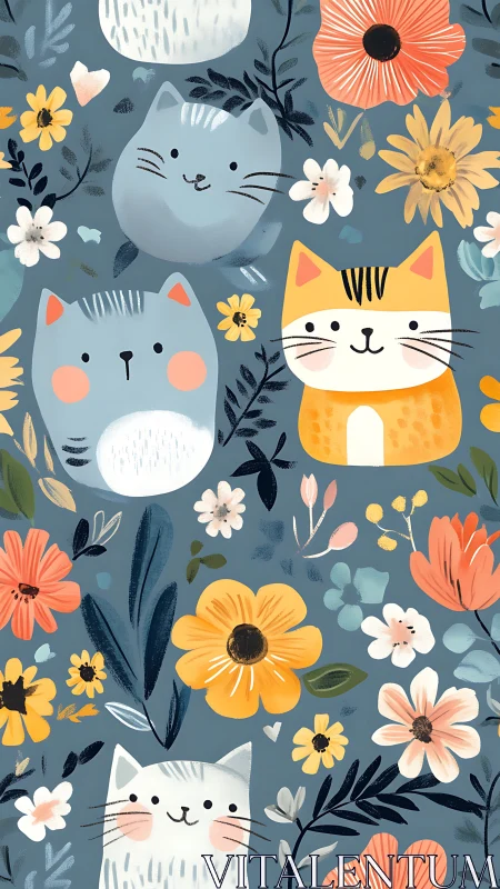 Whimsical Cat Trio with Botanical Composition on Muted Teal Background.