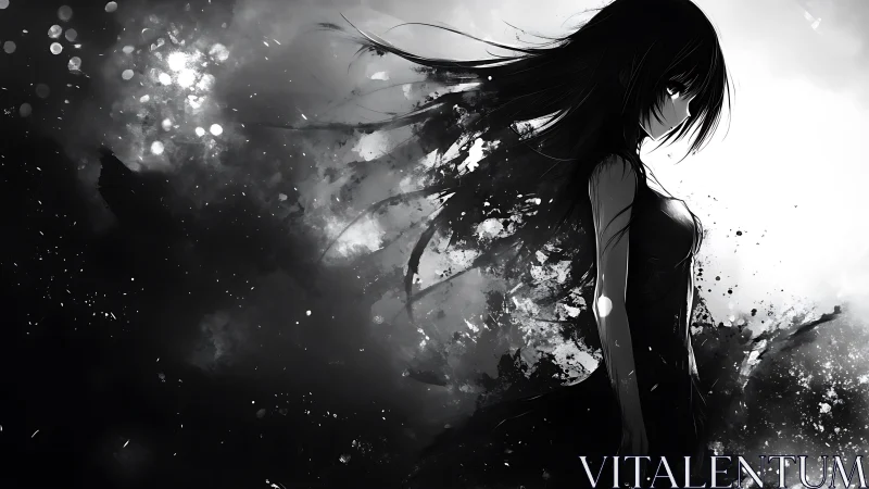 Dark haired anime girl in dissolving black ink clouds.