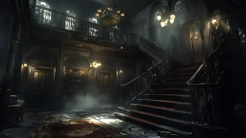 Grand decaying mansion foyer with sweeping staircase.