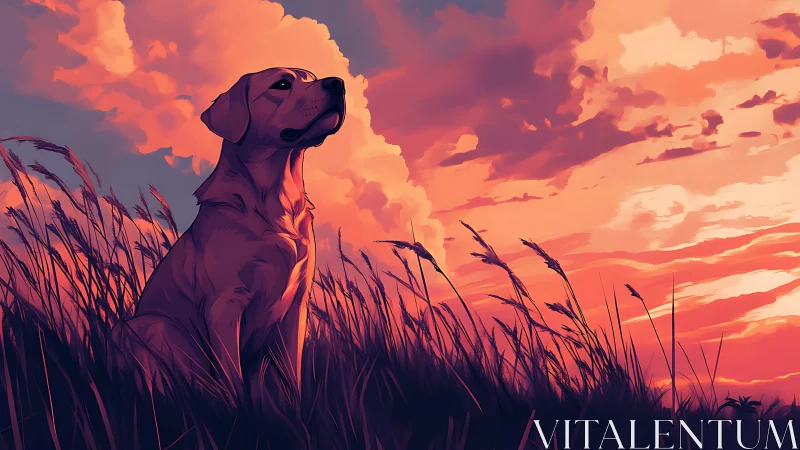 Sunlit labrador resting in windswept field at fiery sunset.