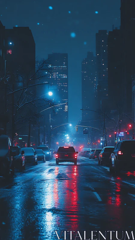 Nocturnal city street with neon reflections and snowfall.