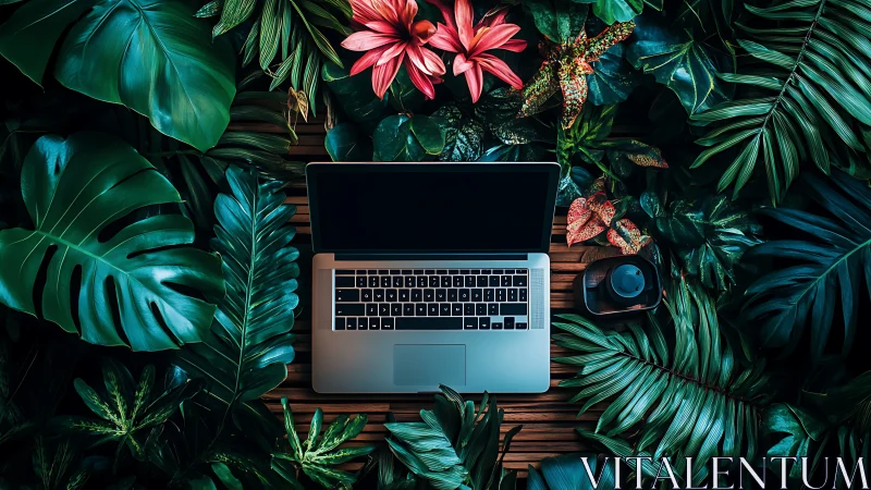 Laptop rests amid lush tropical foliage, vibrant teal greens