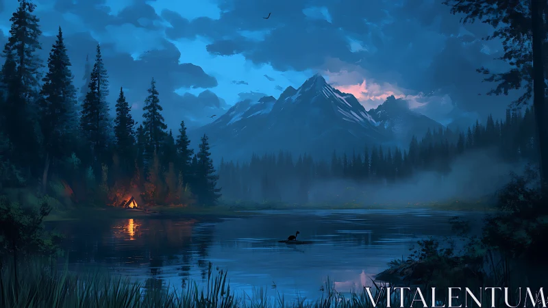 Cozy lakeside campfire glowing beneath misty blue peaks.