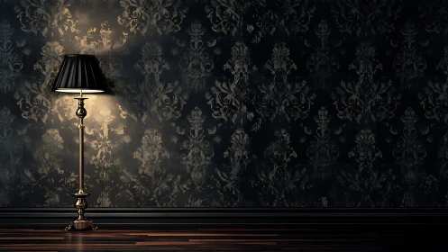 Black floor lamp against dark damask accent wall.