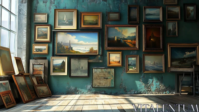 Wall of framed landscape paintings fills worn studio