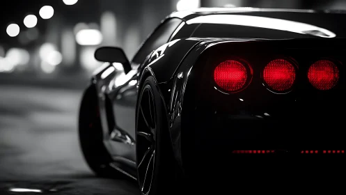 Rear view of black sports car with illuminated taillights.