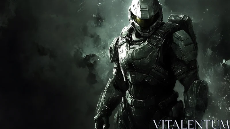 Armored sci fi operative in volatile monochrome digital chiaroscuro.