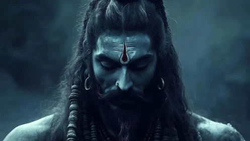 Mystic ascetic portrait in blue-toned digital chiaroscuro.