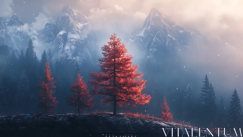 Crimson conifers beneath mist-laden alpine peaks at dawn.