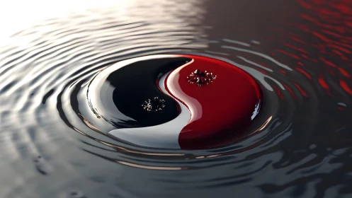 Yin Yang symbol in glossy black and red, floating on rippling water.