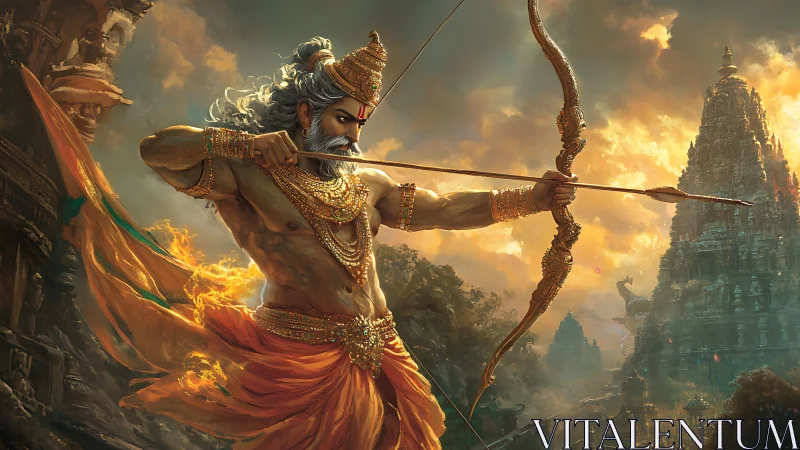 Storm-bright archer stretches a flaming arrow across dusk