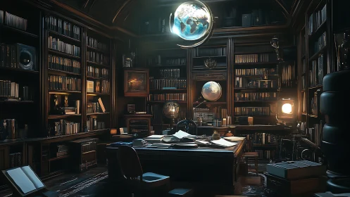 Luminous globes orbiting a densely stacked neo-classical study.