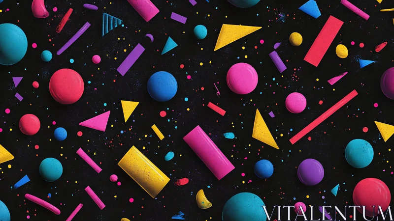 Neon geometric shapes scattered over dark abstract field.