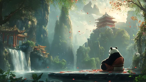 Solitary panda meditates before misty pagodas in steep river gorge