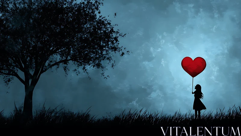 Silhouetted figure holding red heart shape against atmospheric sky.