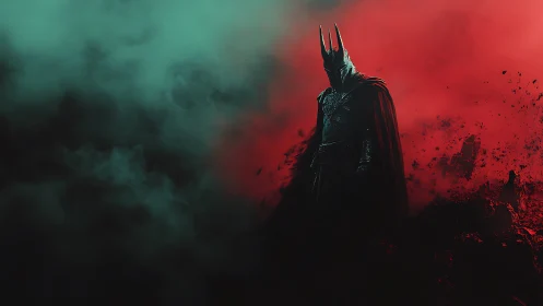 Armored dark knight amid red and teal battlefield haze.
