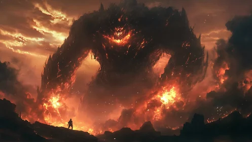 Molten giant figure confronts small human silhouette at dusk