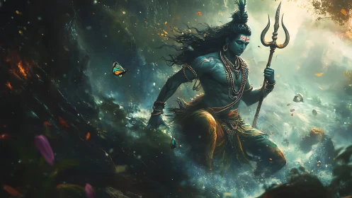 Mythic blue deity strides through stormlit sacred river.