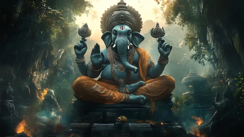 Serene elephant sage in glowing jungle temple sanctuary.