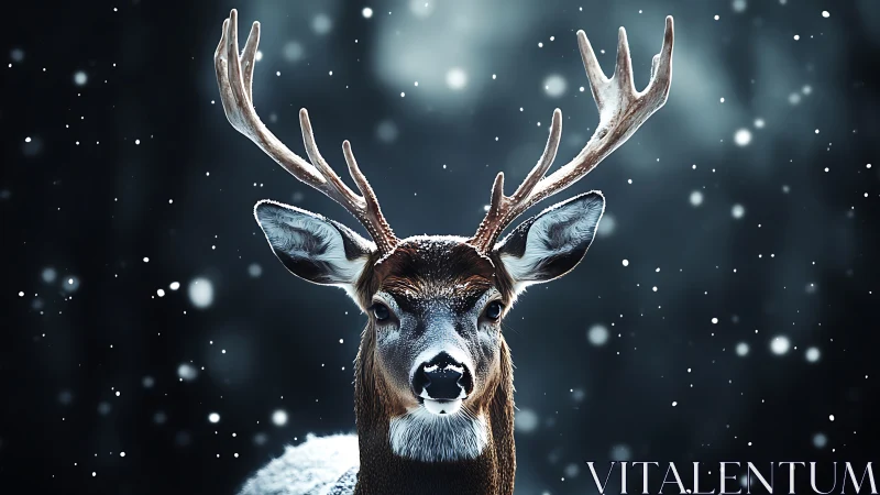 Stag portrait isolates against bokeh snowfall in cinematic focus
