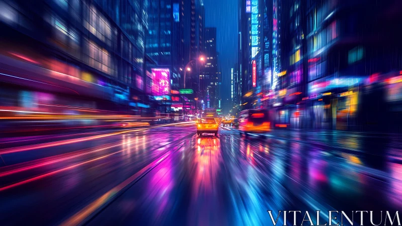 Neon city street glows as a lone taxi rides through the rain