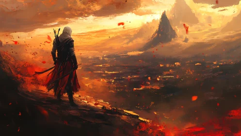 Hooded wanderer surveys emberlit valley beneath burning sky.