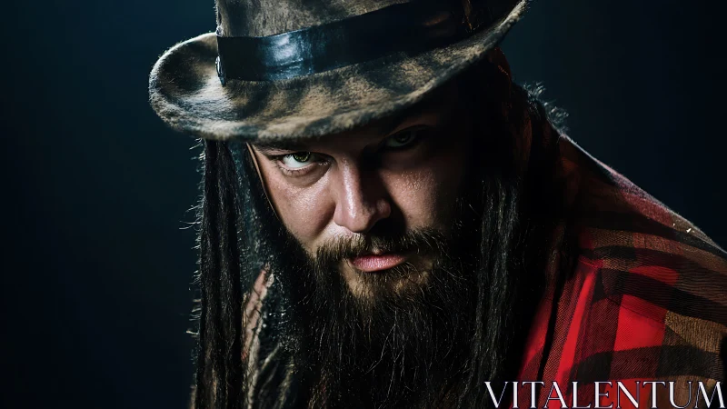 Low-key portrait of intense bearded man in distressed fedora
