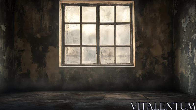 Dusty window floods an abandoned room with muted daylight