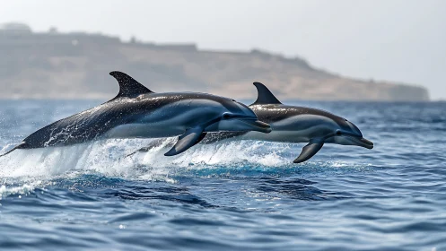 Two striped dolphins leap through sunlit Mediterranean waves
