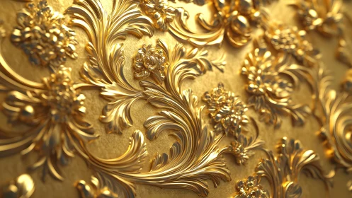 Ornate golden floral relief in baroque style, highly detailed.
