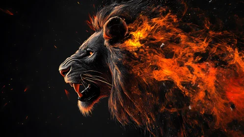 Fiery lion profile erupts in dynamic orange and red flames.