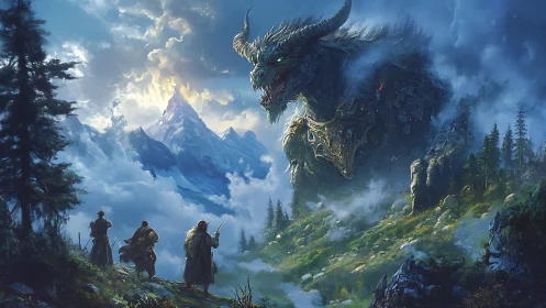 Giant armored dragon confronting three travelers in mountains