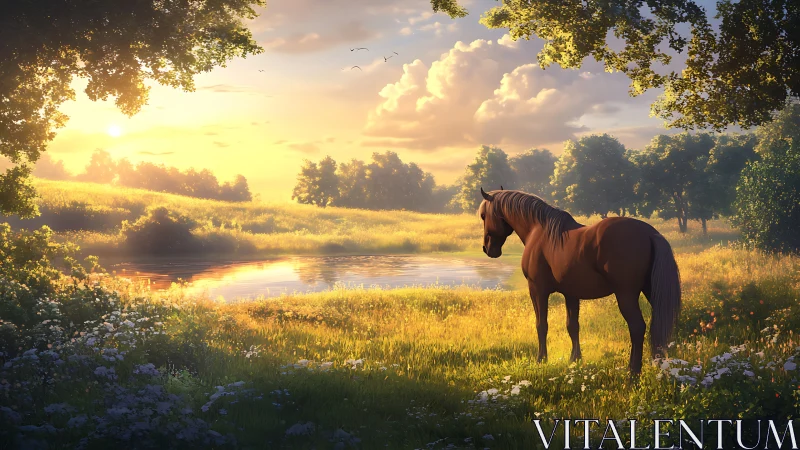 Sunlit meadow horse dreaming by a mirror-bright riverbank.