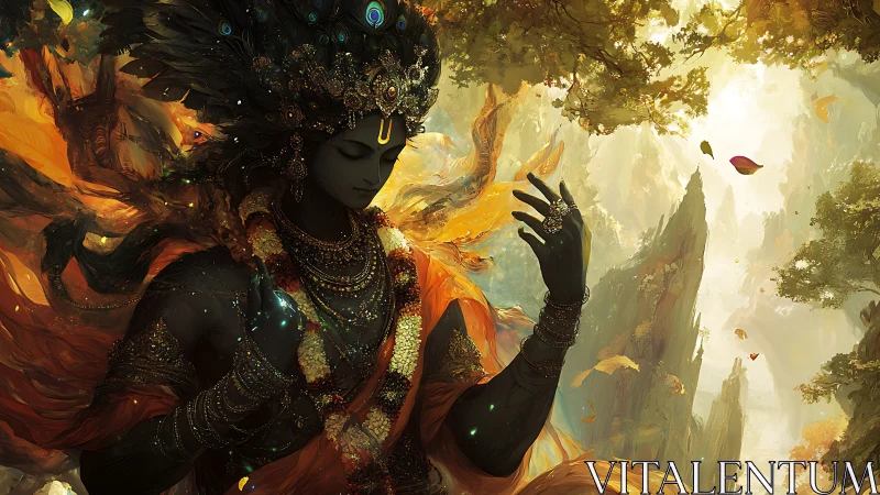 Mystic forest deity dancing in rivers of golden light.