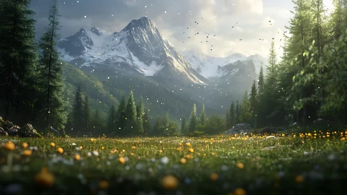 Mountain meadow under soft light with drifting petals.