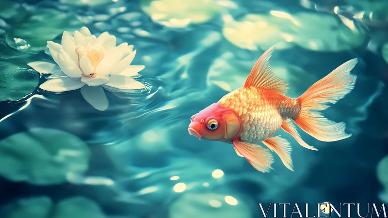 Goldfish swims beside water lily on softly lit pond
