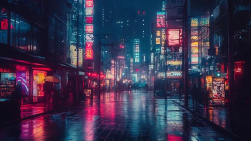 Rain-soaked neon commercial street is illuminated at night
