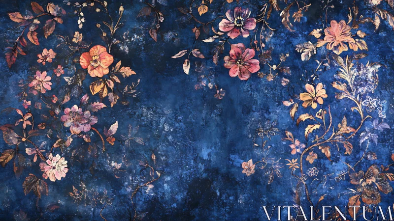 Dark blue floral wallpaper with scattered vintage blooms.