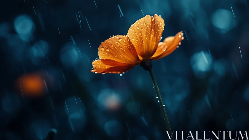 Orange Flower in Rain Against Teal Bokeh Background