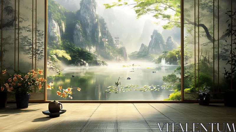 Zen tatami room framing luminous misty mountain lake view.