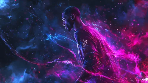 Neon-lit runner strides through swirling cosmic energy field.