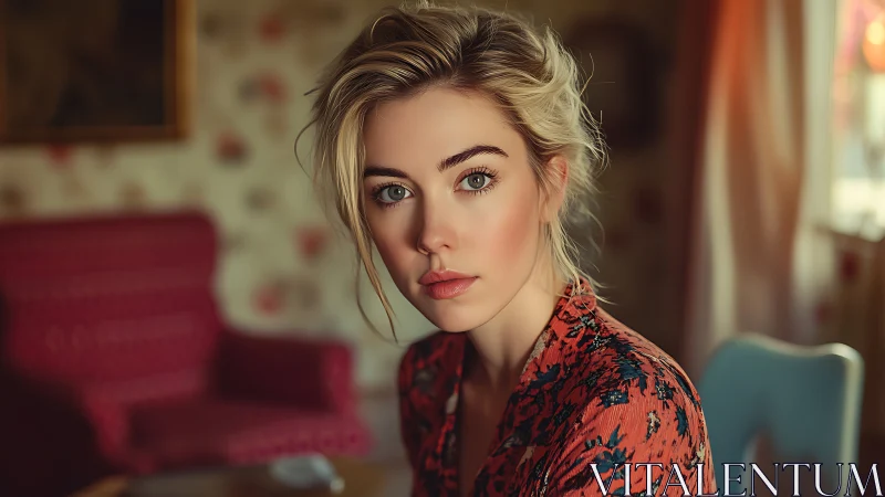 Quiet sunlit gaze in a patterned room of soft whispers.