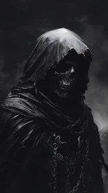 Hooded skeletal figure in tattered cloak against dark sky.
