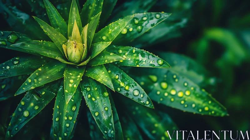 Macro bromeliad rosette with dewy emerald foliage detail.