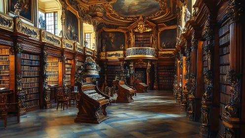 Sunlit baroque library where stories quietly shimmer.