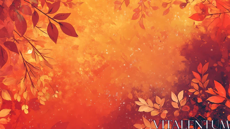 Autumn foliage frame in warm gradient botanical digital painting.