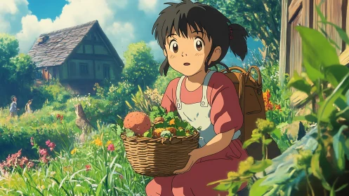 Country path daydream with basket-toting village girl. Period.