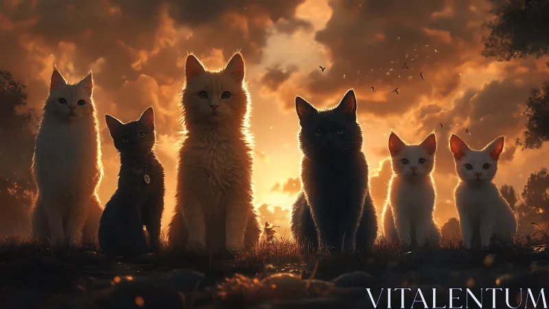 Six Majestic Cats Gather in Golden Sunset Light Together
