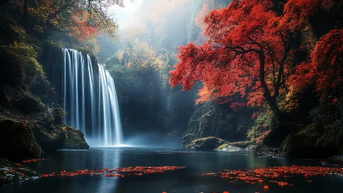 Digital painting of autumn waterfall with luminous red canopy.