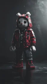 Blocky bear-hooded character stands in moody studio light